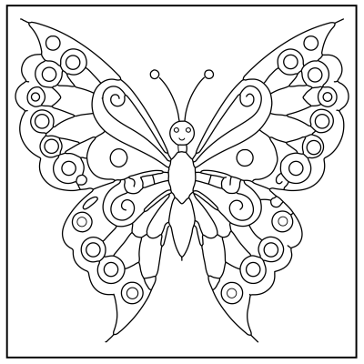 A black-and-white illustration of a symmetrical butterfly, featuring decorative patterns and circular designs on its wings. Butterfly Coloring Pages.