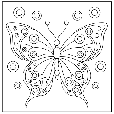 Line art of a butterfly adorned with various circular patterns, set against a simple square background. Butterfly Coloring Pages.