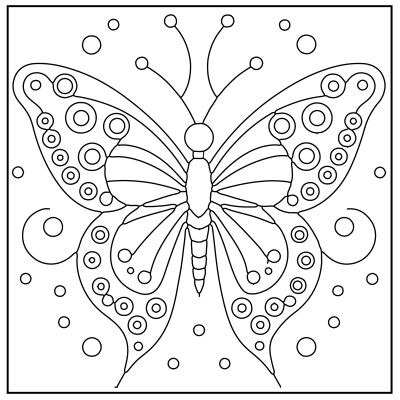 Line art of a butterfly with intricate patterns and bubbles surrounding it, ready for coloring. Butterfly Coloring Pages.