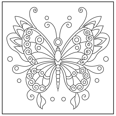 An intricate line drawing of a butterfly, featuring swirls, patterns, and circular designs, framed within a square border. Butterfly Coloring Pages.