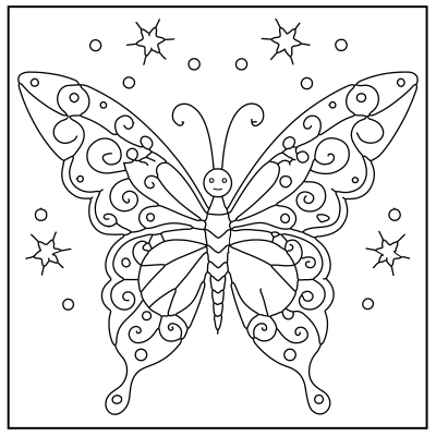 Line art of a decorative butterfly surrounded by stars and dots, designed for coloring activities. Butterfly Coloring Pages.