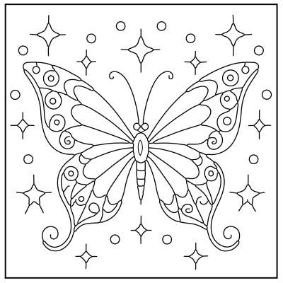 A detailed line drawing of a butterfly surrounded by stars and circles, featuring intricate patterns on its wings. Butterfly Coloring Pages.
