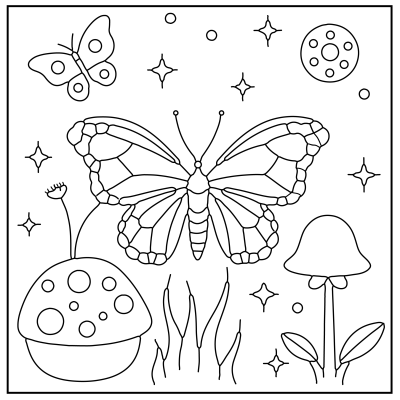 A whimsical line drawing featuring a large butterfly, a smaller butterfly, a mushroom, a flower, and stars against a whimsical background. Butterfly Coloring Pages.