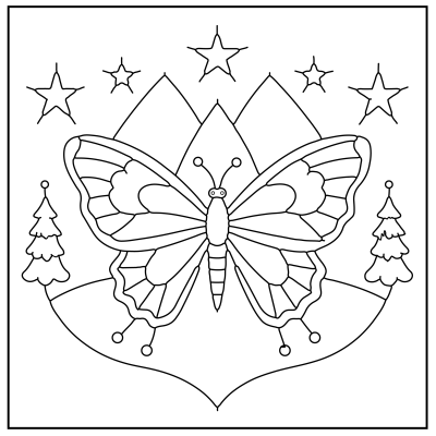 A detailed line art illustration featuring a butterfly surrounded by mountains, trees, and stars, ready for coloring. Butterfly Coloring Pages.