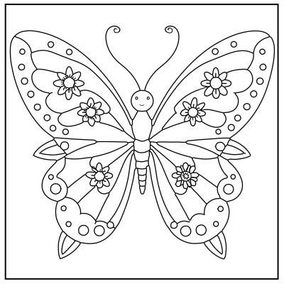 A symmetrical butterfly coloring page featuring floral patterns and a smiling face in the center of its body, outlined for coloring. Butterfly Coloring Pages.