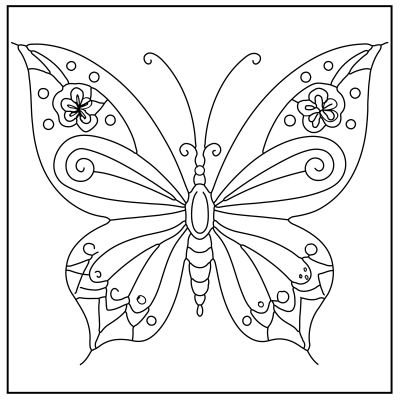 A beautifully intricate line art drawing of a butterfly adorned with swirls and flowers, ready for coloring. Butterfly Coloring Pages.