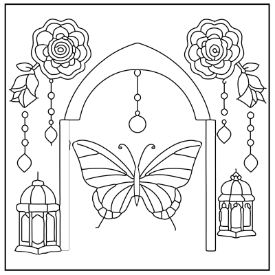 A detailed line drawing featuring a butterfly under an arch, surrounded by roses and lanterns, designed for coloring. Butterfly Coloring Pages.