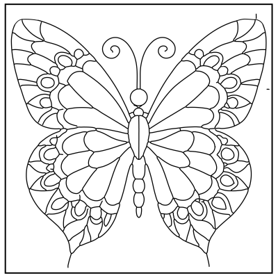 A detailed black-and-white illustration of a butterfly, featuring intricate patterns on its wings and antennae, ready for coloring. Butterfly Coloring Pages.