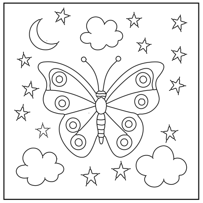 Black and white illustration of a butterfly surrounded by clouds, stars, and a crescent moon, designed for coloring. Butterfly Coloring Pages.
