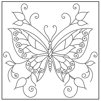 A detailed line art illustration of a butterfly surrounded by floral designs and swirling decorative elements, ready for coloring. Butterfly Coloring Pages.