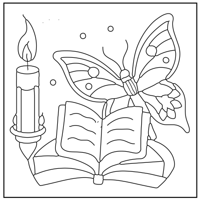 A candle beside an open book with a butterfly hovering above it, framed by small decorative dots. Butterfly Coloring Pages.