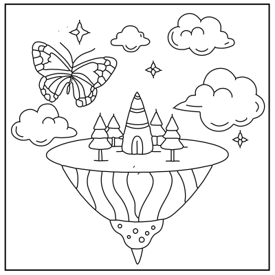 A whimsical scene featuring a butterfly, a floating island with trees, a pointed house, clouds, and sparkling stars in the sky. Butterfly Coloring Pages.