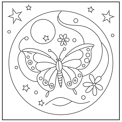 A decorative coloring page featuring a butterfly surrounded by stars, a moon, and flowers within a circular design. Butterfly Coloring Pages.