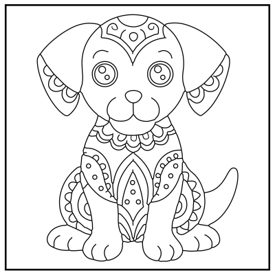 A cute, patterned outline of a sitting dog with large eyes, featuring intricate designs for coloring. Dog coloring pages.