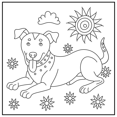 A playful dog lies surrounded by flowers, a sun, and a cloud, all outlined for coloring. Dog coloring pages.