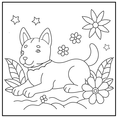 A cute puppy lays among flowers and leaves, surrounded by stars in a playful, outlined coloring page design. Dog coloring pages.
