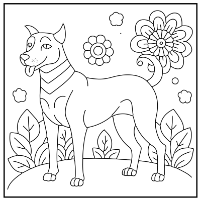 A line art illustration of a standing dog surrounded by flowers and leaves on a hilltop. Dog coloring pages.