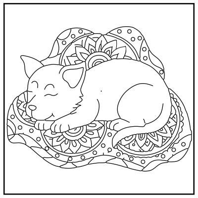 A sleeping puppy rests on a decorative, patterned cushion, with a peaceful expression and curled paws. Dog coloring pages.