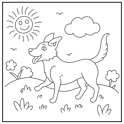 A happy dog with its tongue out walks on a grassy hill under a smiling sun and cloud. Birds fly nearby, creating a cheerful scene. Dog coloring pages.