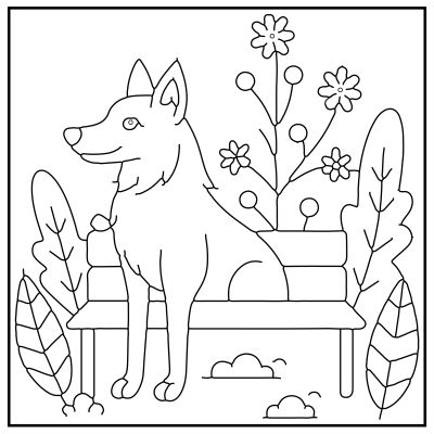 Line drawing of a dog sitting on a bench surrounded by plants and flowers. The scene is simple and cheerful, with a peaceful outdoor vibe. Dog coloring pages.
