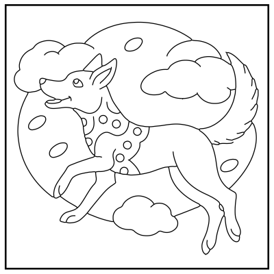 A whimsical, outlined illustration of a joyful, spotted dog with a fluffy tail leaping through a cloud-filled sky in front of a large full moon. Dog coloring pages.