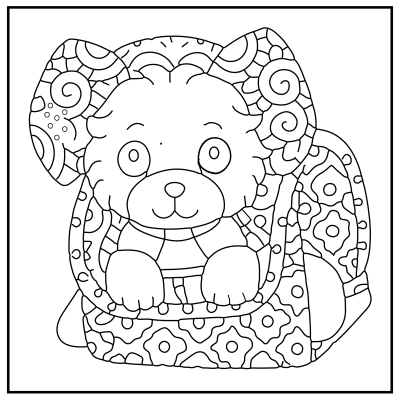 Outlined coloring page of a cute puppy with wide eyes sitting in a backpack. The design features intricate patterns with swirls and diamond shapes, conveying a playful and artistic tone. Dog coloring pages.