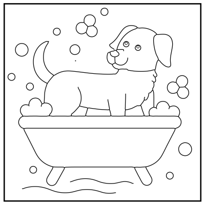 Outline drawing of a cheerful dog standing in a bathtub surrounded by bubbles. The scene is playful and fun, conveying a lighthearted tone. Dog coloring pages.