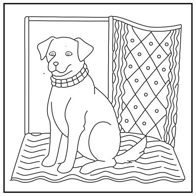A dog sits calmly, wearing a collar. Behind it is a textured background with diamond and wave patterns. The line art is minimal and clean. Dog coloring pages.