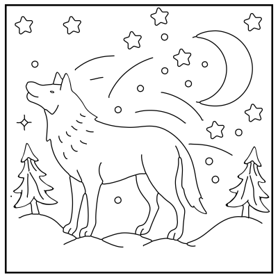 Line drawing of a wolf howling on a hill, surrounded by stars, a crescent moon, and two trees. The night sky conveys a sense of calm. Dog coloring pages.