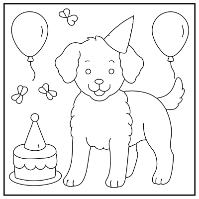 A cheerful cartoon dog wearing a party hat stands next to a cake. Balloons and butterflies float around, creating a festive, joyful scene. Dog coloring pages.