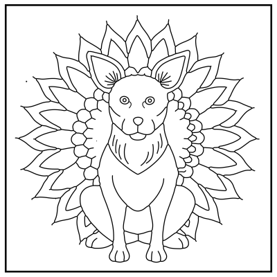 Mandala-style illustration of a dog sitting with a lotus flower pattern surrounding it, conveying a sense of harmony and tranquility. Dog coloring pages.