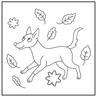 Cartoon dog joyfully frolicking among floating autumn leaves in a square border. The scene conveys playfulness and the essence of fall. Dog coloring pages.