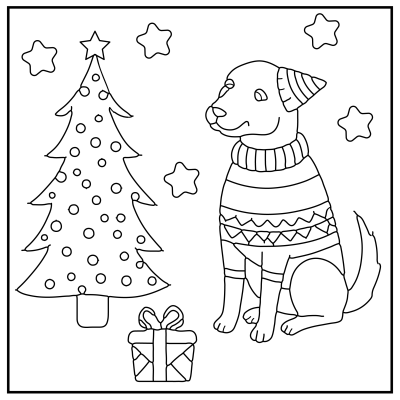 Festive winter scene: a dog in a sweater and hat sits next to a decorated Christmas tree and a gift, surrounded by stars. Playful and cheerful tone. Dog coloring pages.
