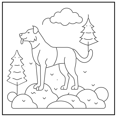 Outline drawing of a dog standing on rocks, surrounded by two cartoon pine trees and a cloud above. Simple and playful design. Dog coloring pages.