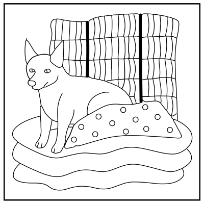 A dog sits on polka-dotted pillows, with a tall, wavy fence behind. The scene is outlined in bold, simple lines, conveying a calm tone. Dog coloring pages.