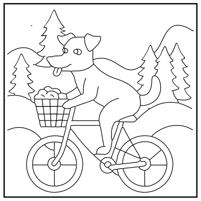 A playful dog riding a bicycle with a basket, set against a backdrop of trees and hills. Dog coloring pages.