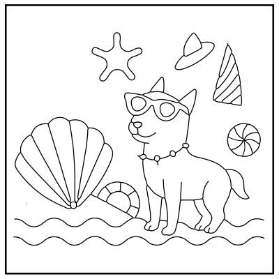 A cheerful dog wearing sunglasses and a necklace stands by the beach with seashells, a lifebuoy, and colorful beach decor. Dog coloring pages.