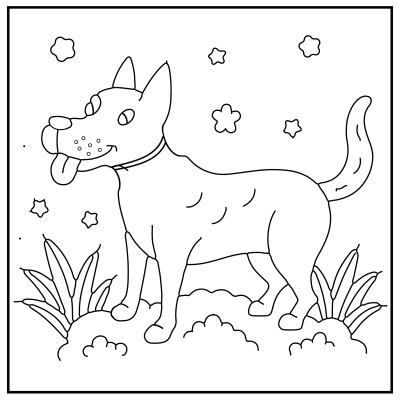 A playful dog stands amidst plants and stars, with its tongue out, ready for fun in a whimsical, outlined scene. Dog coloring pages.