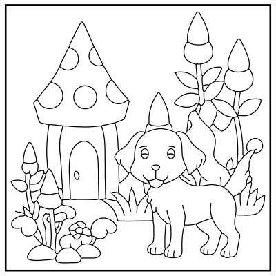 A whimsical black and white illustration featuring a mushroom-shaped house, plants, flowers, and a playful dog. Dog coloring pages.