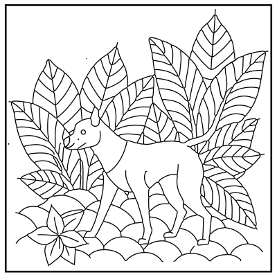 A dog stands on the ground in front of large, detailed leaves and plants. The image is a simple, black-and-white line drawing suitable for coloring. Dog coloring pages.