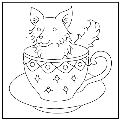Line drawing of a fox peeking out of an ornate teacup with a handle. The cup rests on a saucer, featuring diamond and circle patterns. Playful tone. Dog coloring pages.