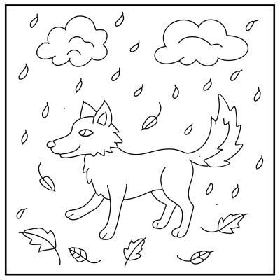 Line art of a smiling fox walking in rain, surrounded by falling leaves and clouds. The scene conveys a playful, whimsical tone. Dog coloring pages.