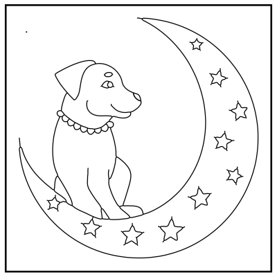 Cute dog with a pearl collar sits on a crescent moon adorned with stars, creating a whimsical and serene night-time scene. Black and white line art. Dog coloring pages.