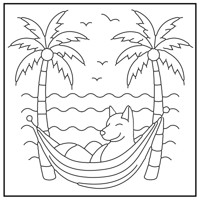 A relaxed dog lies in a hammock between two palm trees at the beach. Birds fly above, and the ocean waves add a peaceful, tropical vibe. Dog coloring pages.