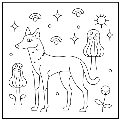 Line art of a wolf standing among abstract trees, stars, and symbols. The scene is surreal and whimsical, with a tranquil and mystical vibe. Dog coloring pages.