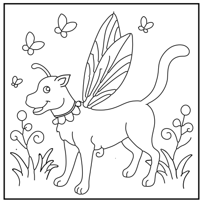 Whimsical line drawing of a dog with butterfly wings and antennae, surrounded by flowers and butterflies, creating a playful, fantasy theme. Dog coloring pages.