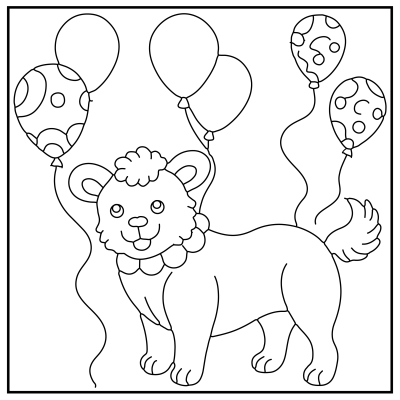 A cheerful cartoon lion with a fluffy mane and a big smile stands surrounded by four floating balloons with wavy strings, creating a festive mood. Dog coloring pages.
