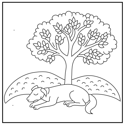 Line art illustration of a peaceful scene with a sleeping dog beneath a leafy tree on a grassy hill. The image conveys tranquility and nature. Dog coloring pages.
