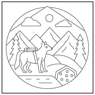 A line drawing of a dog with a backpack standing in a mountainous landscape. Pine trees, clouds, and the sun create a peaceful outdoor scene. Dog coloring pages.