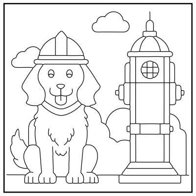 A cartoon dog wearing a firefighter helmet sits beside a fire hydrant against a backdrop of clouds. The scene is outlined for coloring. Dog coloring pages.